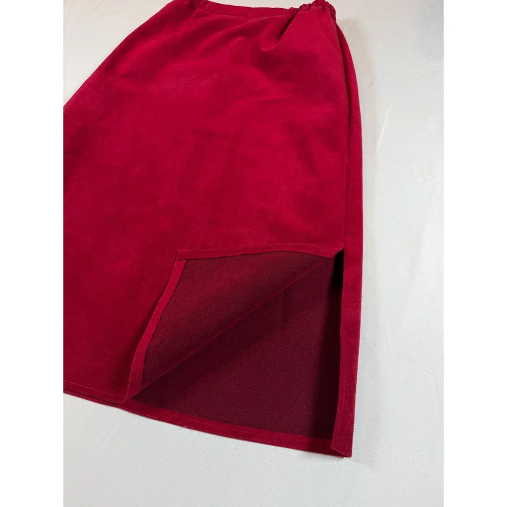 Vtg Red Faux Suede Midi Skirt High Waisted Slit Sz Sm Cranberry Pencil Holiday